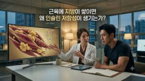 제미나이 실사 사진 스타일로 아래의 문구만 넣고 다른 글자는 전혀 넣지 말고 썸네일 만들어줘 근육에 지방이 쌓이면 왜 인슐린 저항성이 생기는 가?